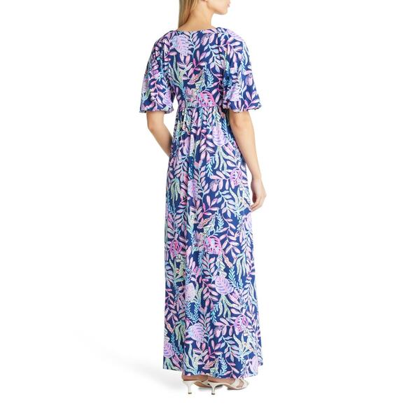 Lilly Pulitzer Manuela Maxi Dress Oyster Bay Navy Pink Spotted V-Neck Sz XS‎ - Picture 4 of 12